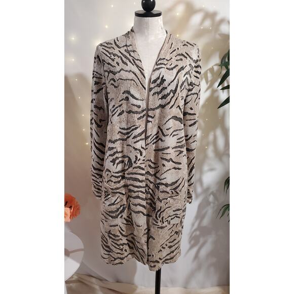 Chicos Animal Print Tiger Stripe Rib Knit Open Duster Cardigan Sweater Size 2 L - Picture 1 of 11